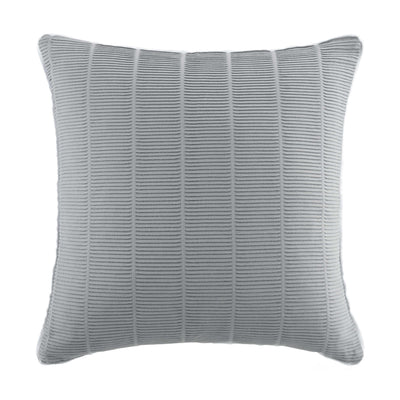 Square decorative pillow in grey with textured vertical stripes.