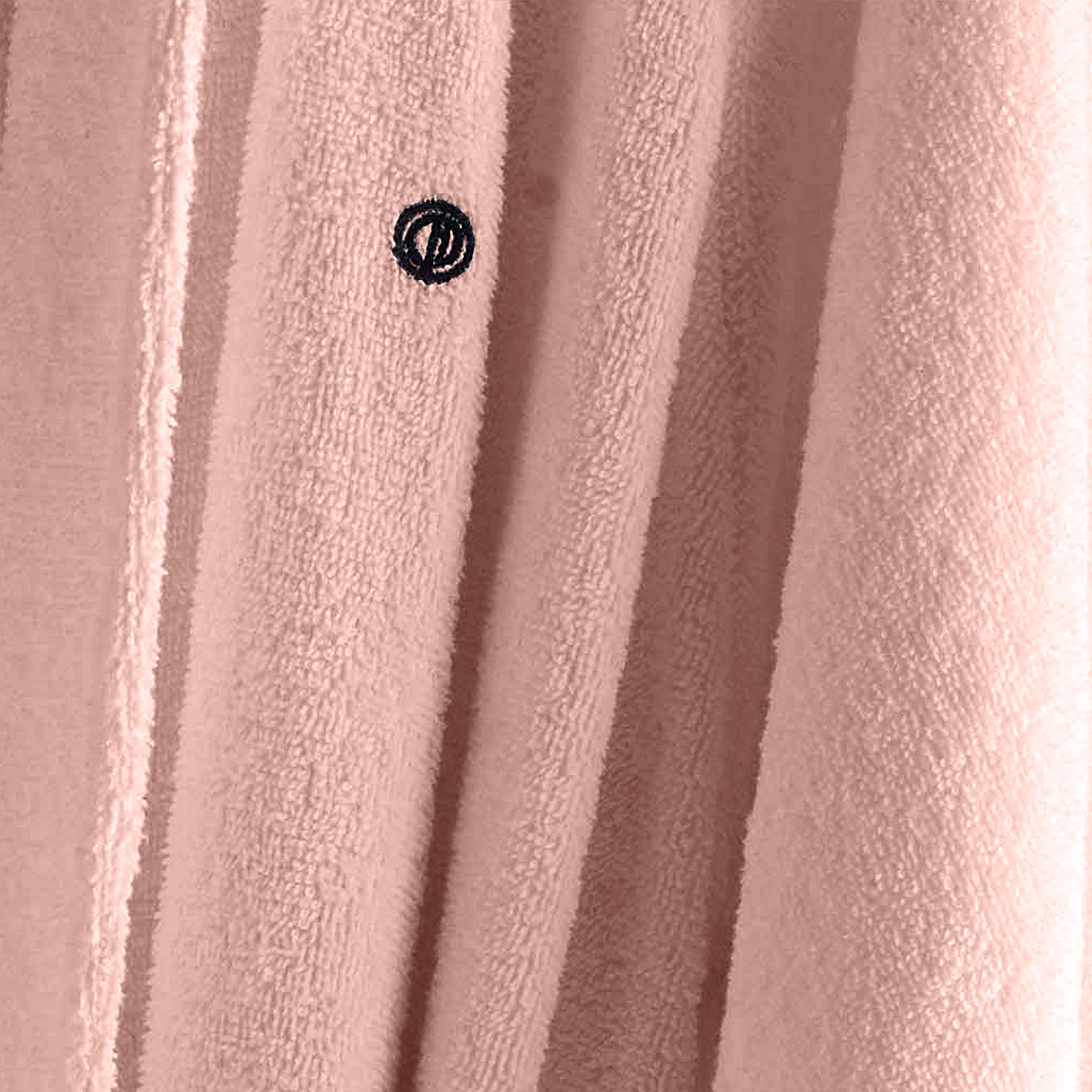 Light pink terry bath robe with low lint texture and a small embroidered logo.