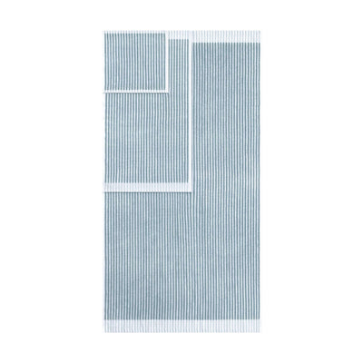 Two towels in a sculpted stripe design, featuring alternating light and dark blue stripes with white borders.