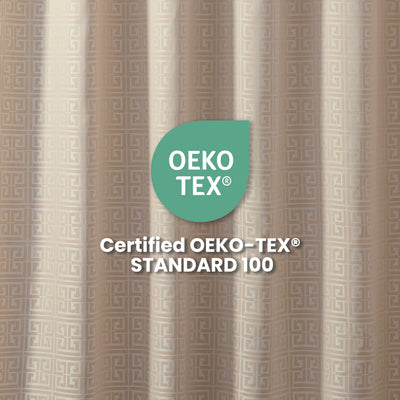 Beige shower curtain with a geometric pattern and an Oeko-Tex certification logo displayed prominently.