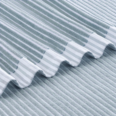 Textured towel featuring alternating sculpted stripes in light blue and white.