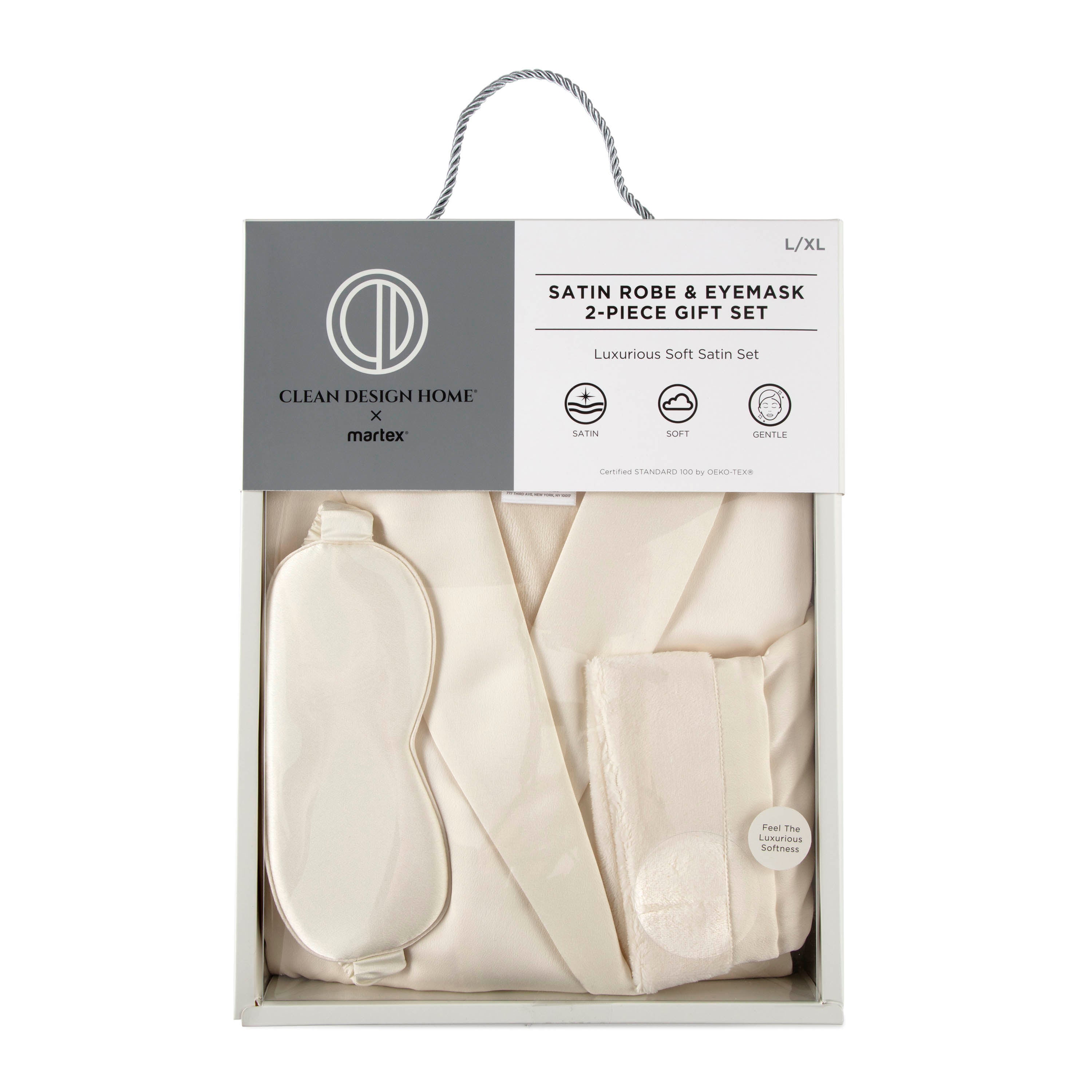 Satin robe and eyemask gift set in a cream color, packaged in a box with a handle.
