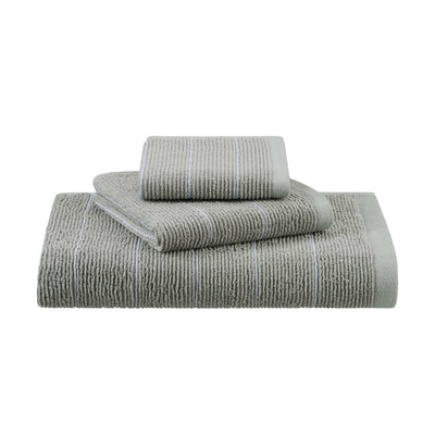 Three towels in varying sizes with a slub stripe pattern in light gray and white.