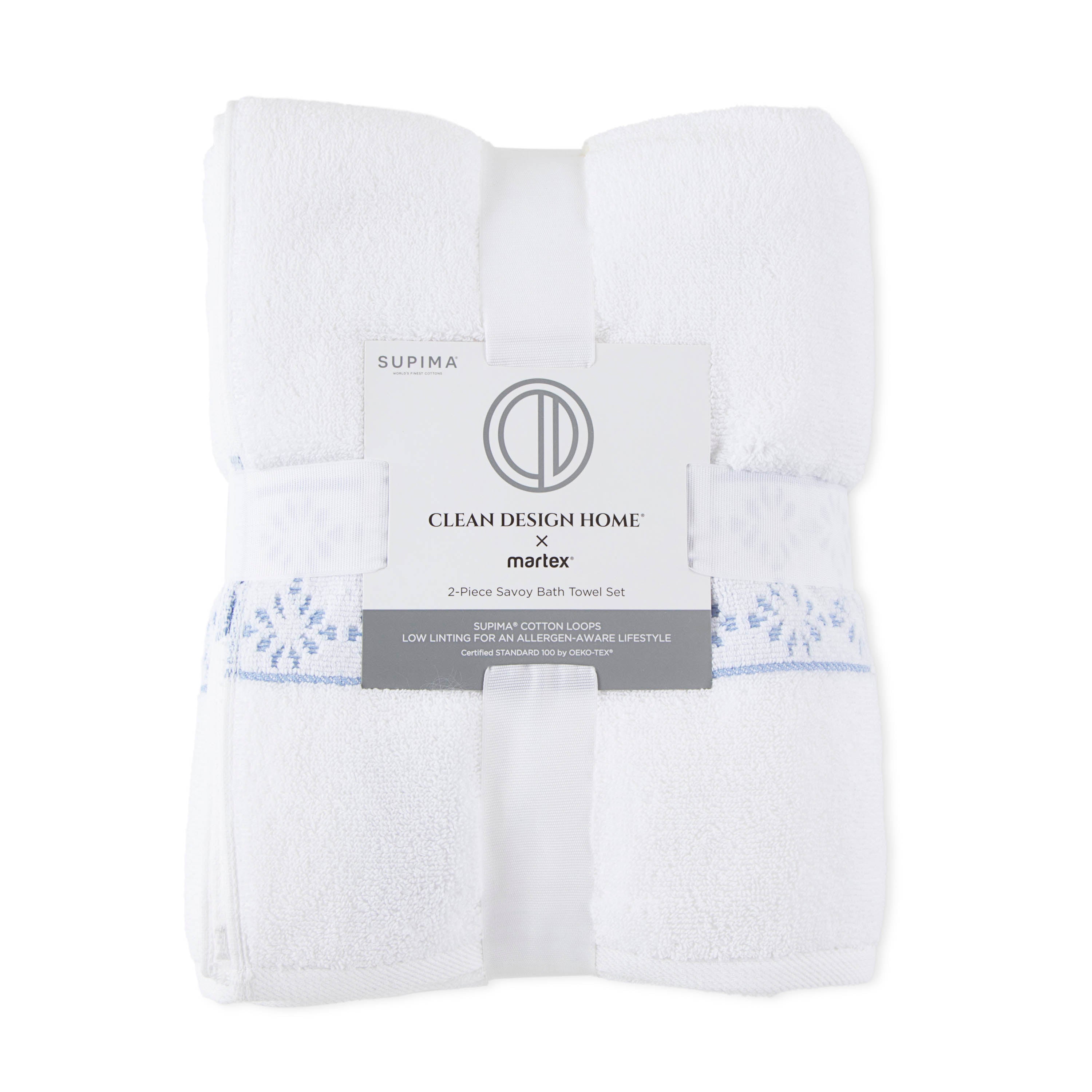 Two white bath towels with a blue decorative stripe, neatly packaged with a label.
