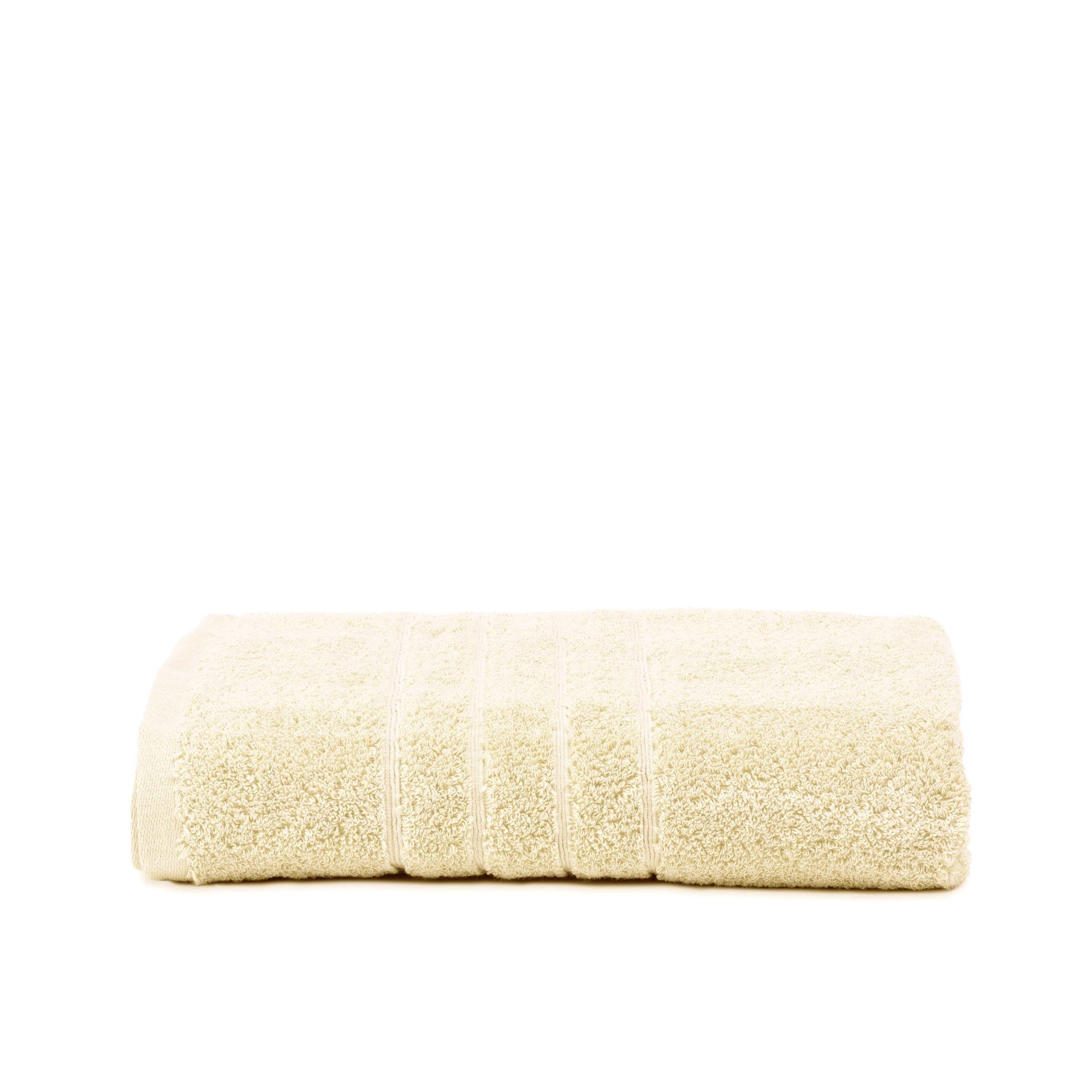 Cream-colored bath towel with textured stripes, neatly folded.