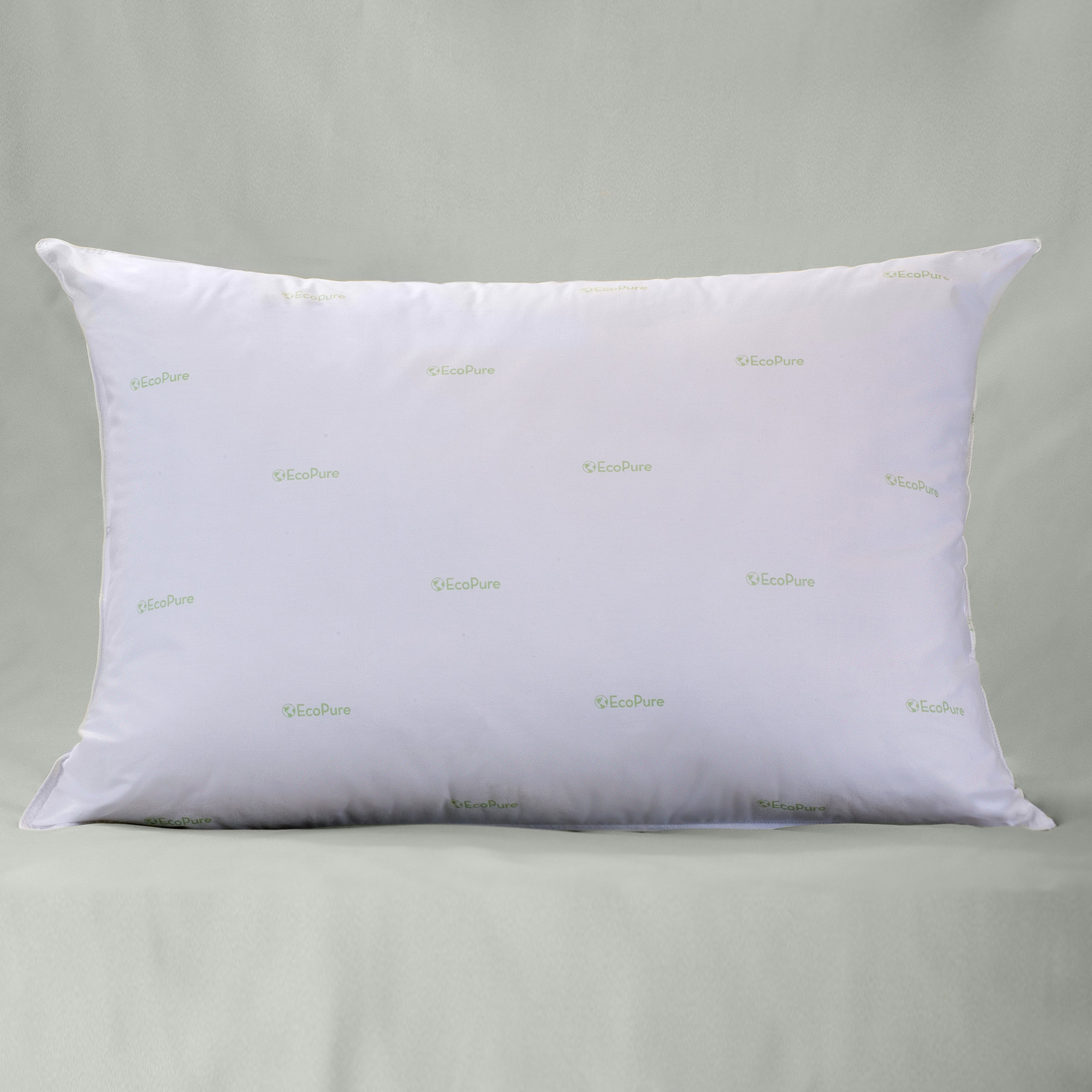 White bed pillow with EcoPure branding, featuring a smooth surface and rectangular shape.