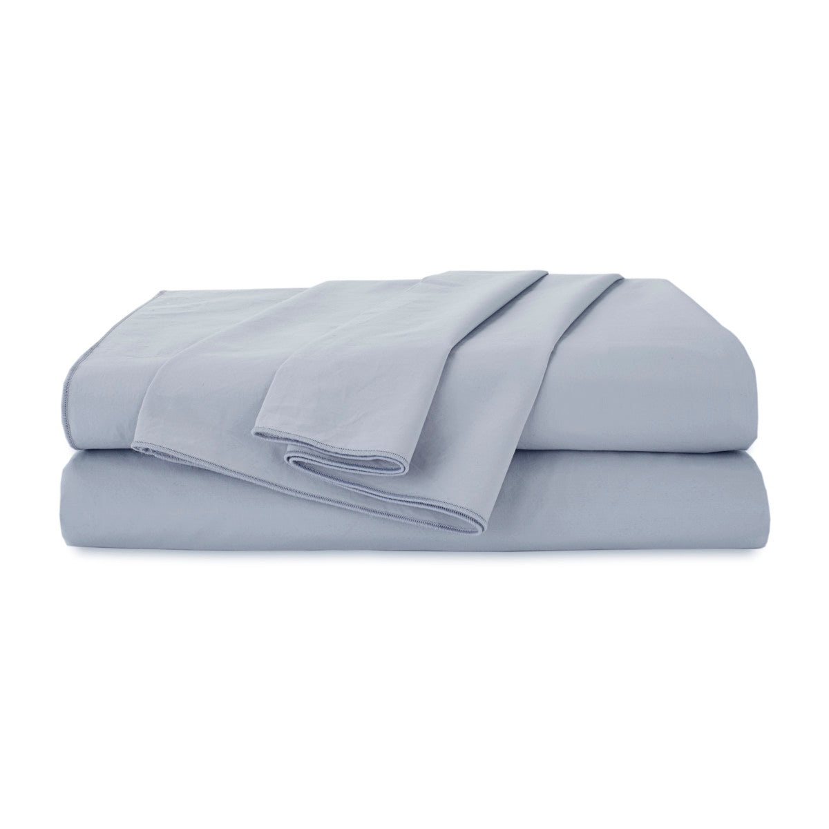 Light blue organic cotton sheet set neatly folded with a smooth texture.