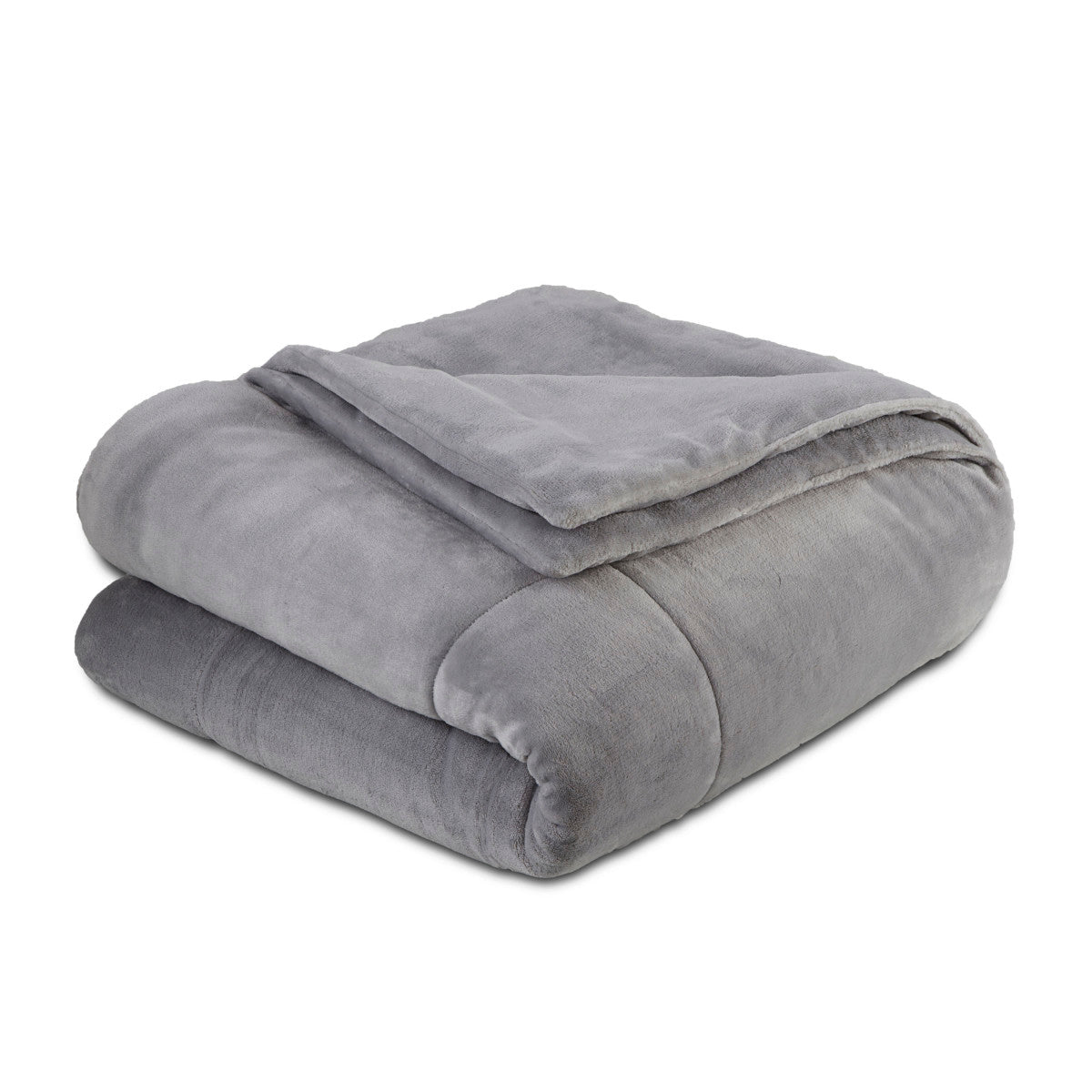 Gray plush blanket folded neatly with a soft texture and a slightly lighter top layer.