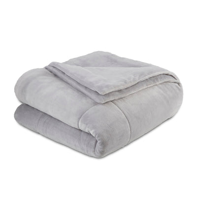 Soft gray plush blanket folded neatly with a smooth top layer.