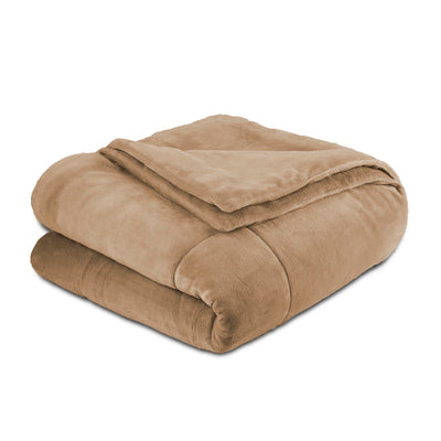 Soft, plush tan blanket folded with a smooth texture and a slightly darker top layer.