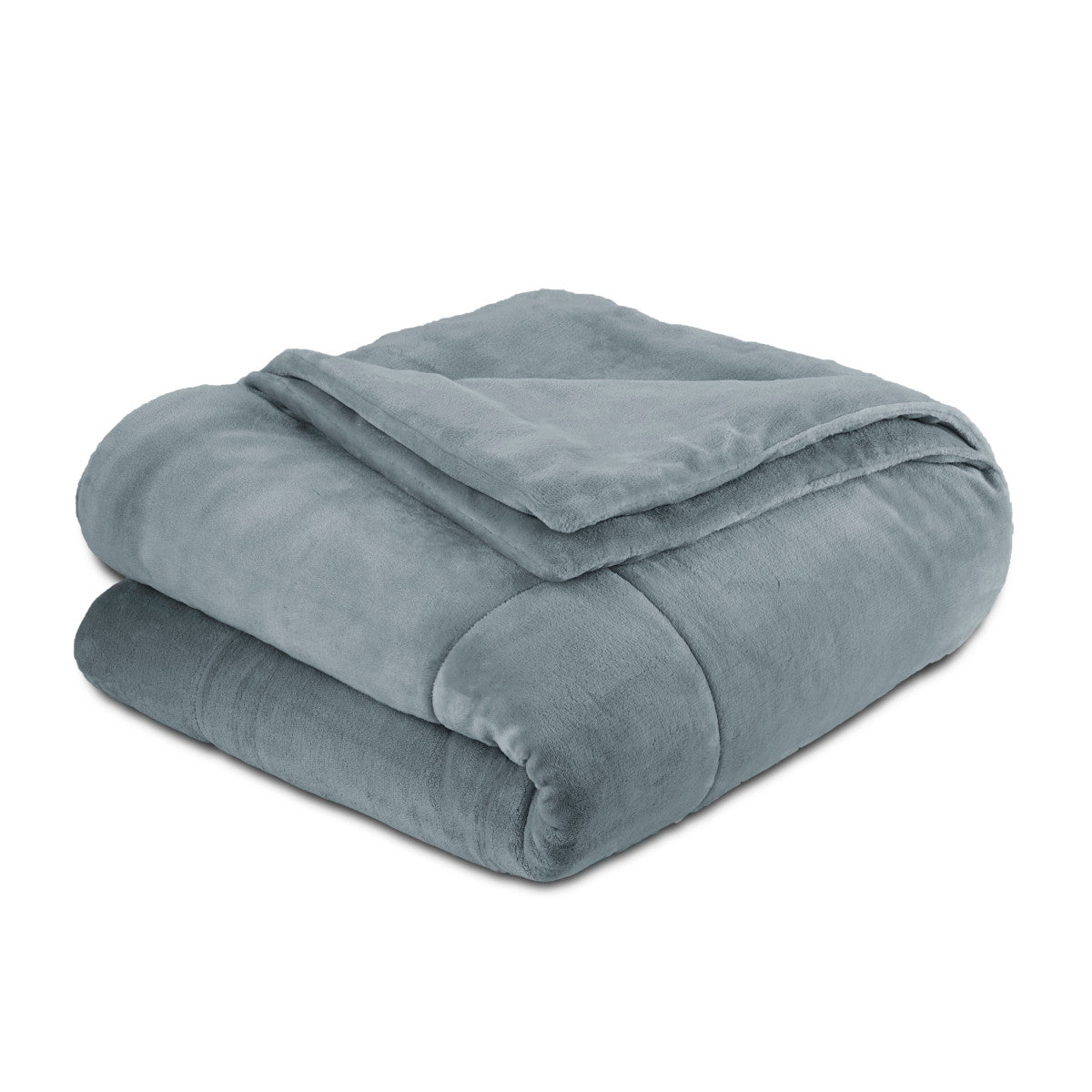 Soft, plush blanket in a folded position, featuring a smooth texture and a muted gray color.