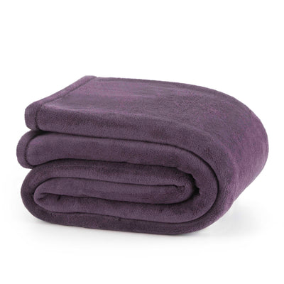 Plush blanket in a rich purple color, neatly folded with a soft texture.