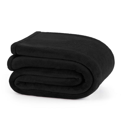 Black plush blanket folded neatly with a soft texture.