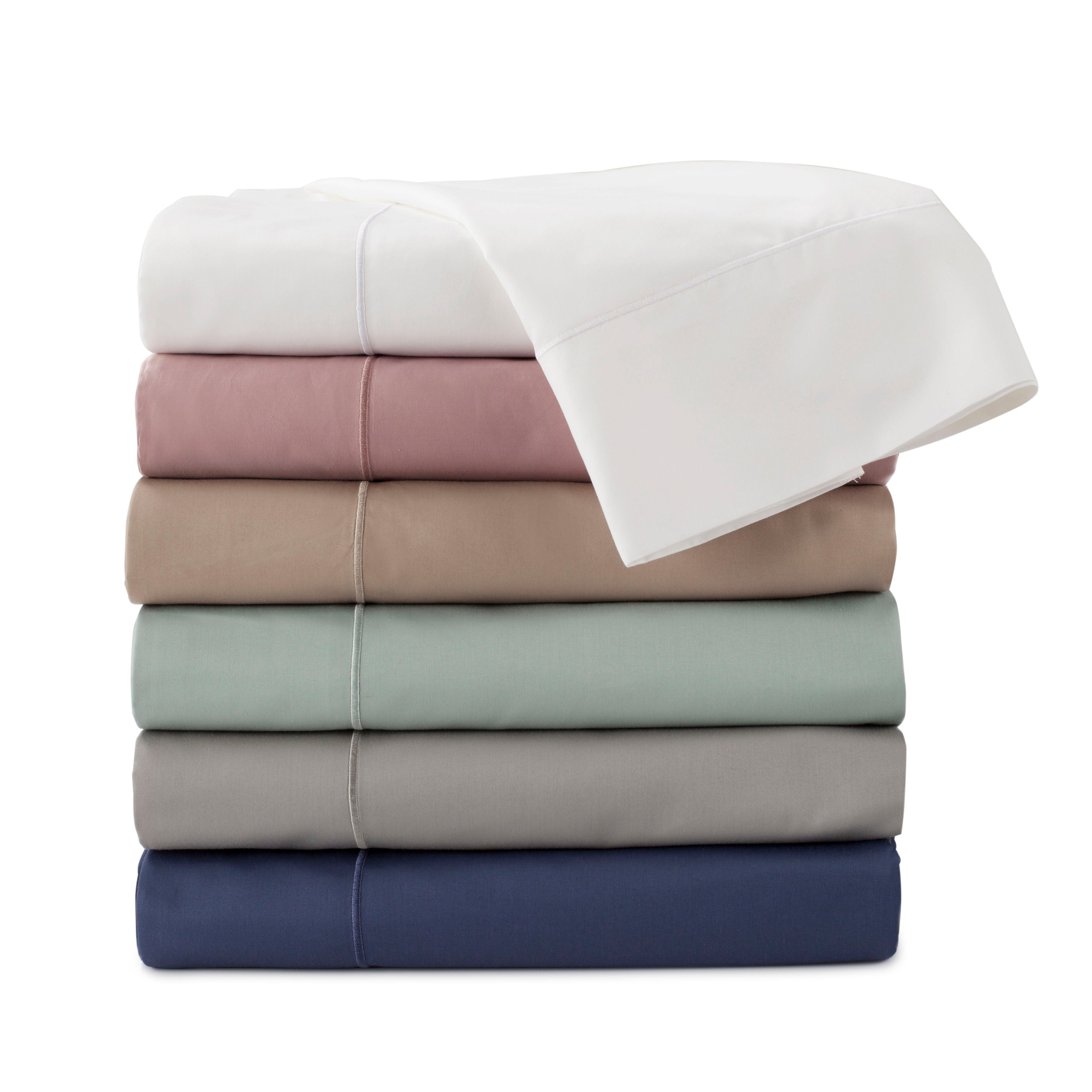 Stack of six sheets in various colors, including white, pink, beige, green, gray, and navy.