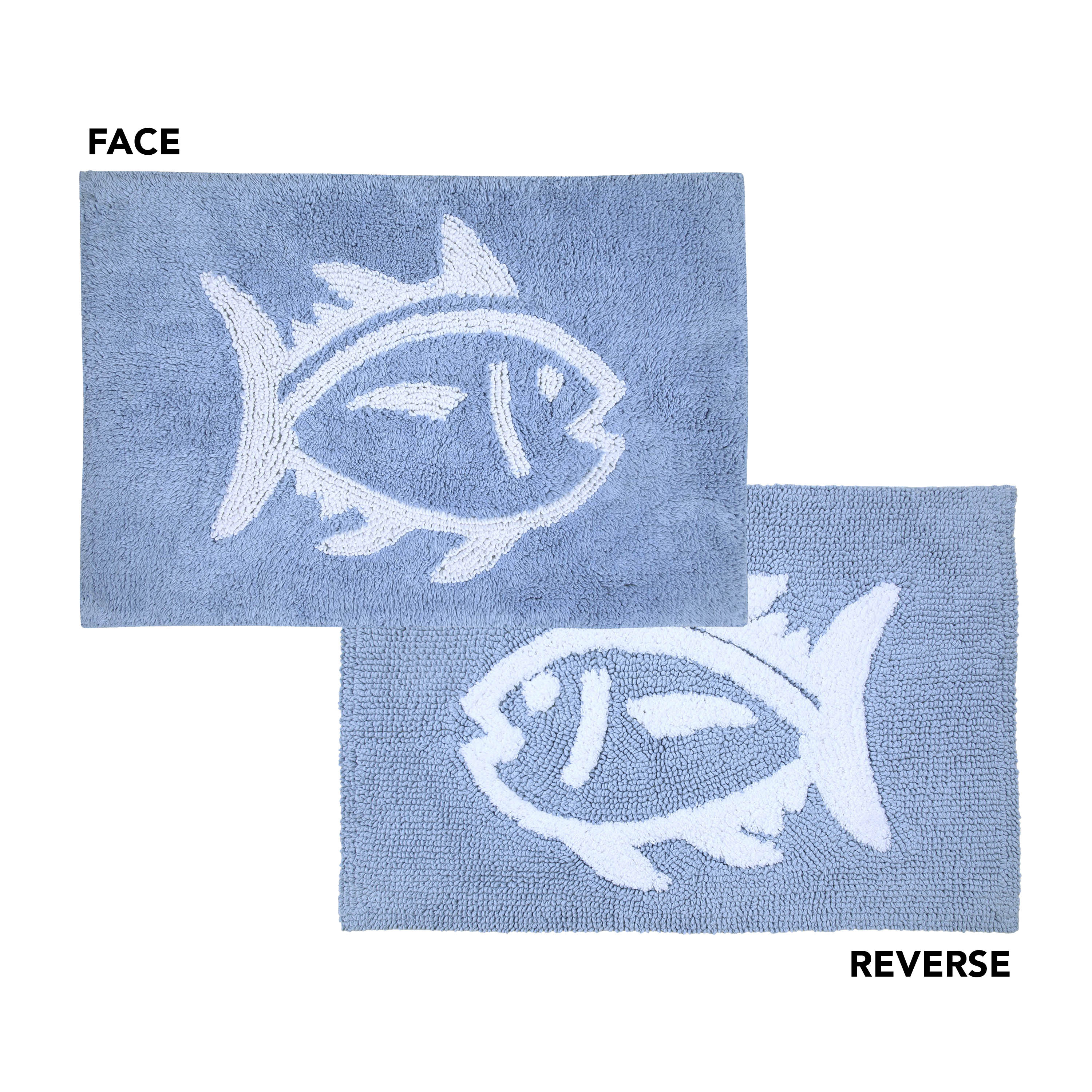 Reversible bath rug featuring a fish design in light blue and white on both sides.