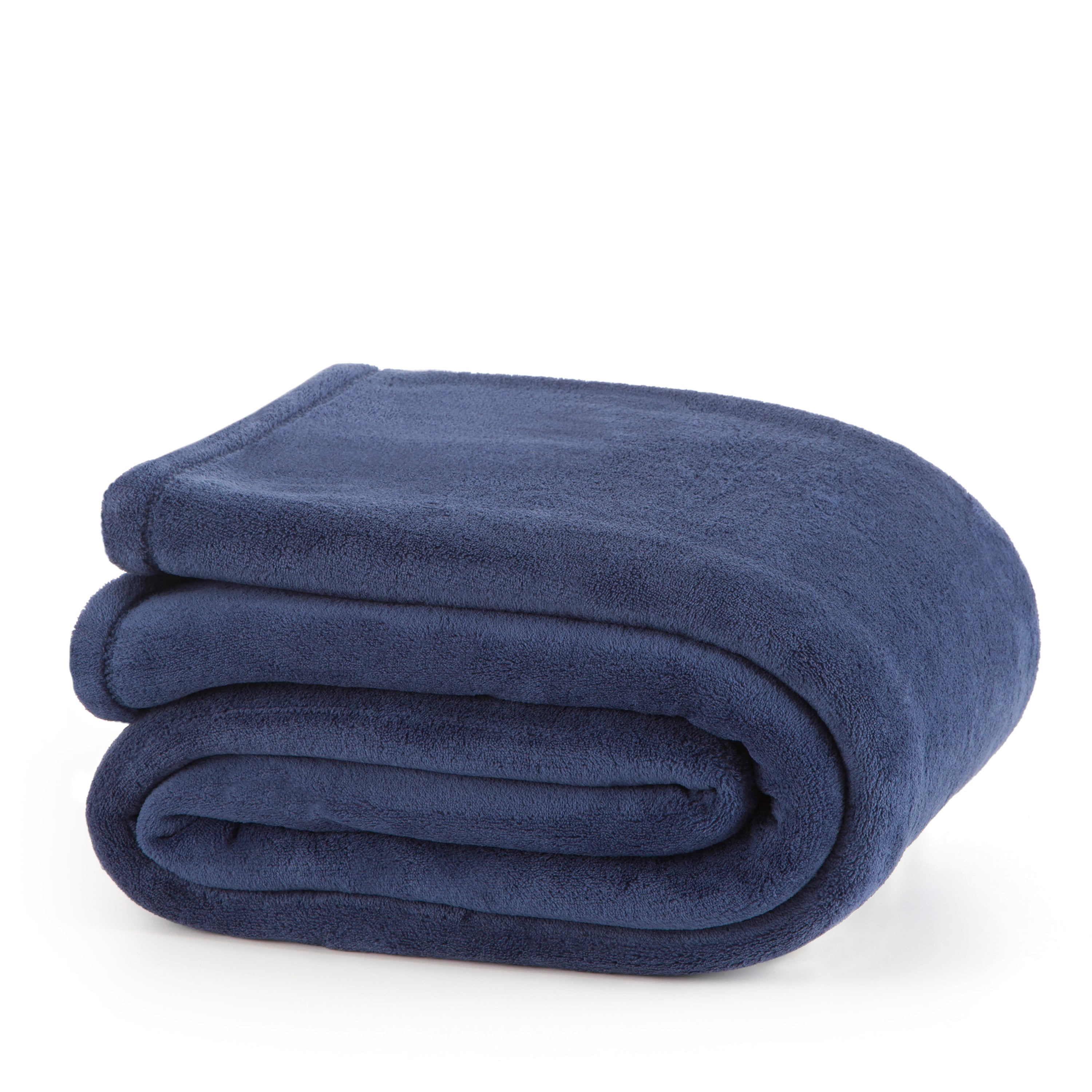 Navy blue plush blanket neatly folded with a soft texture.