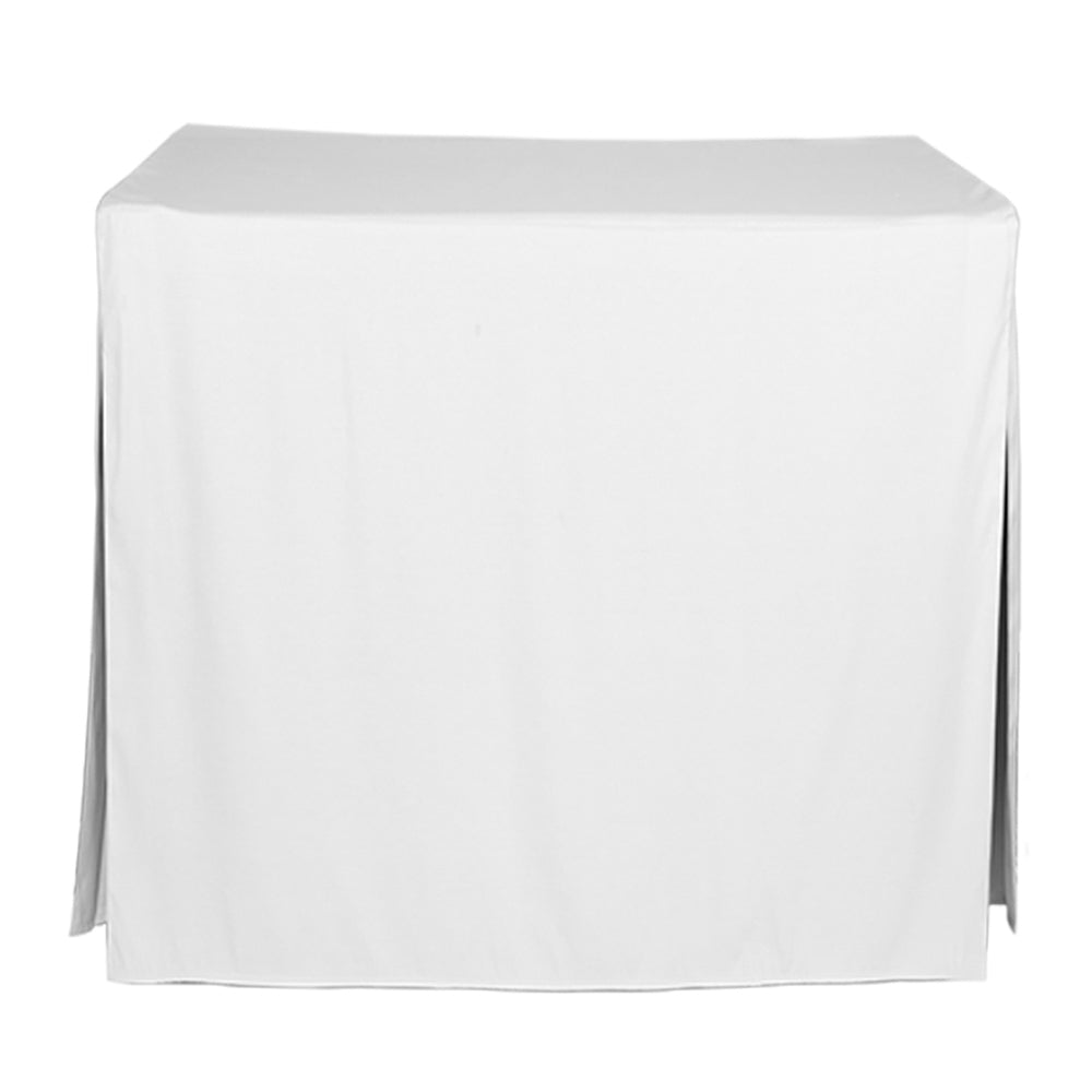 White square table cover draping over a 34-inch table with open sides.