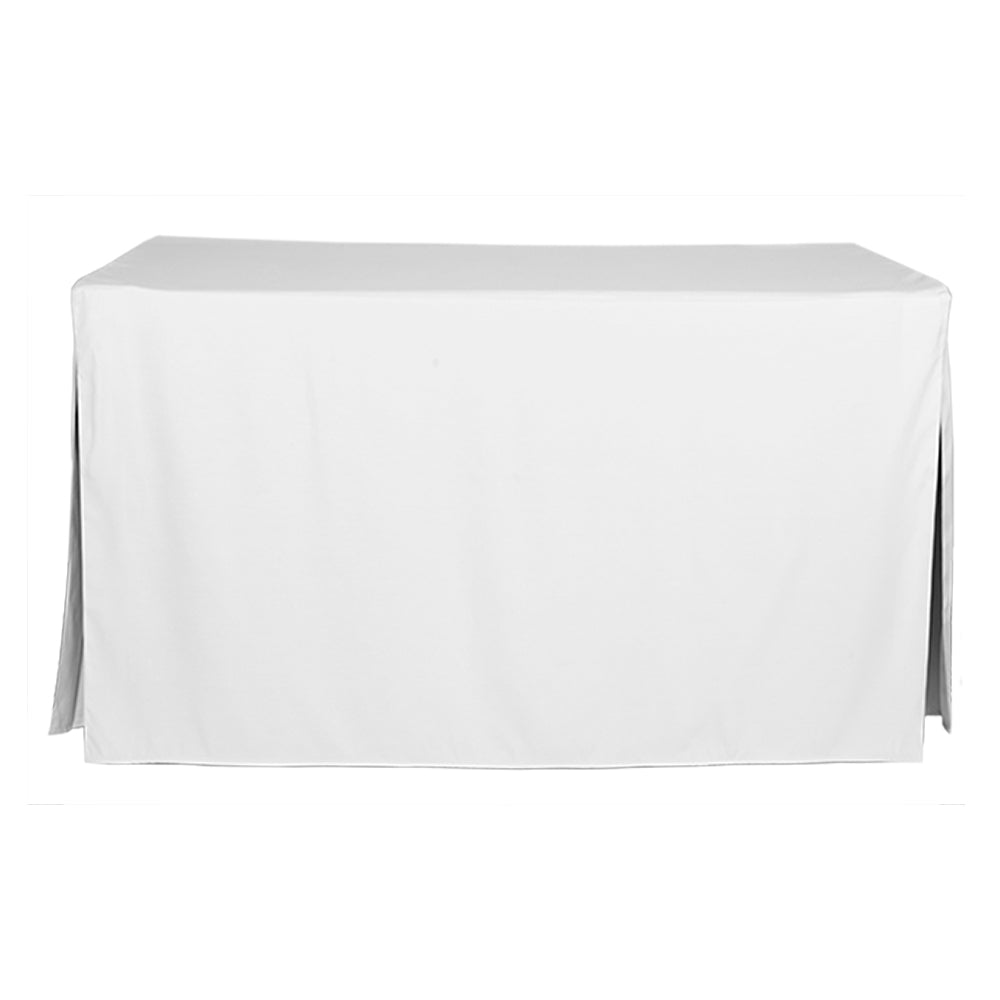 White table cover designed to fit a 5-foot table, featuring side drapes for a smooth appearance.
